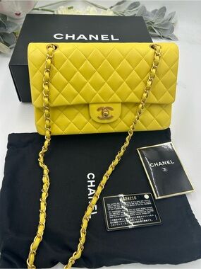 Women's Chanel Classic Quilted double Flap Bag in Yellow with Gold Hardware